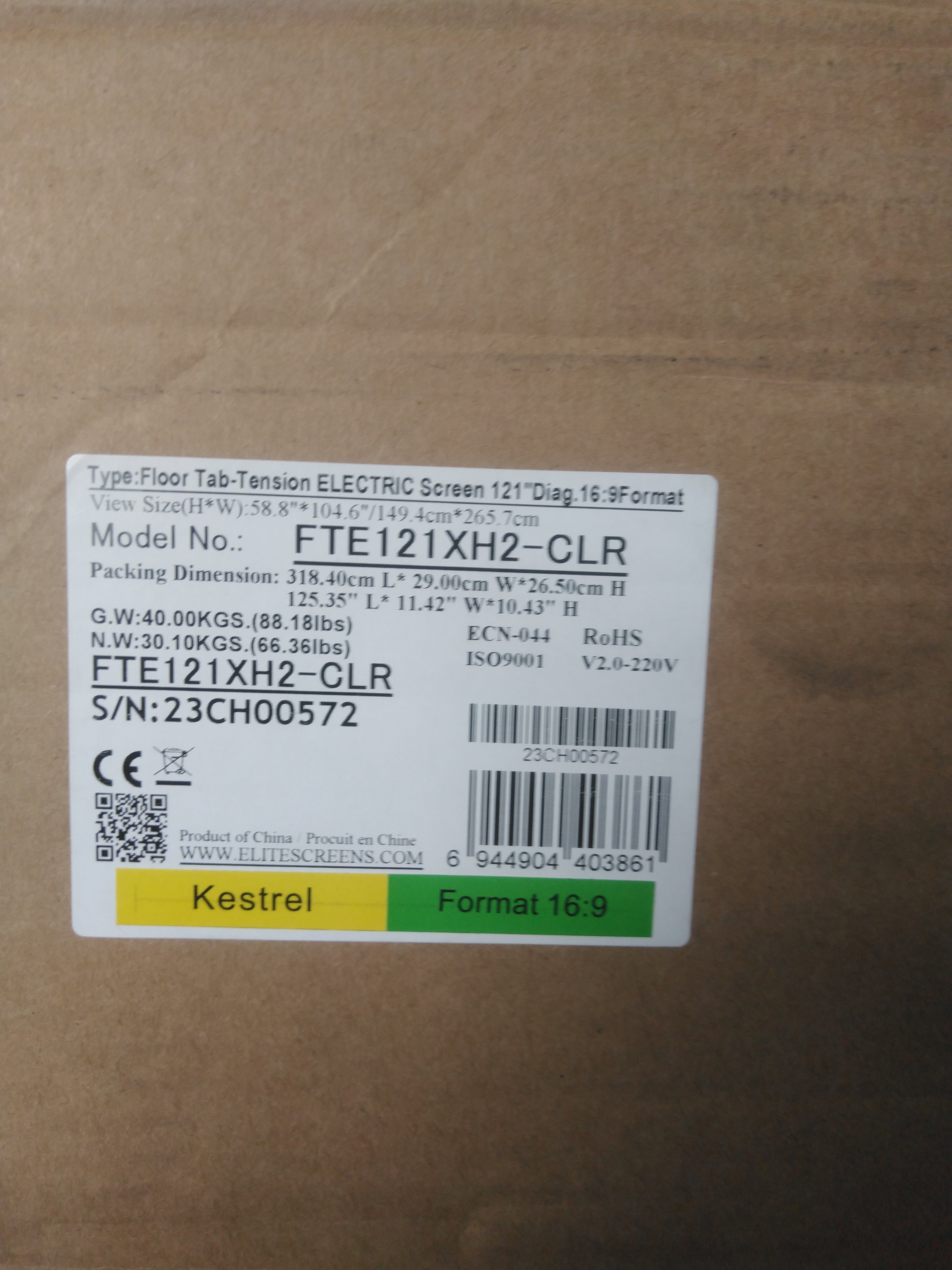 Usado - Como nuevo// KESTREL TAB-TENSION FLOOR-UP 2 CLR® - 16:9 - TAMAÑO DE IMAGEN :121 pulgadas // B-FTE121XH2-CLR- SN: 23CH00572