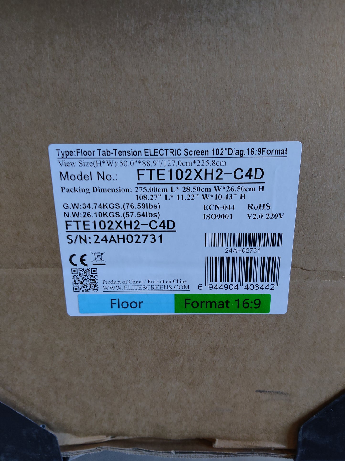 Usado - Como nuevo// KESTREL TAB-TENSION FLOOR-UP Con Pantallas Cinegrey 4D / CineGrey 4D (ALR) / Blanco / 102" ( 16:9 / 226x127 cm) // B-FTE102XH2-C4D--24AH02731/ Estado Falta la caja original.