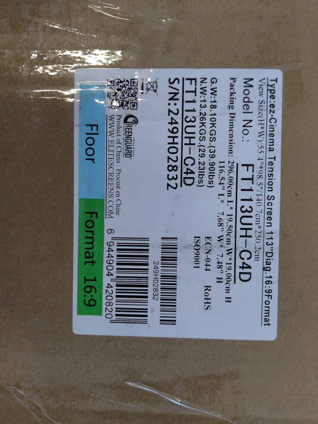 Used  - Very Good // EZ CINEMA PLUS TAB-TENSION - CineGrey 4D (ALR) / 16:9 / 113" (250x141 cm) // Item number: B-FT113UH-C4D-249H02832